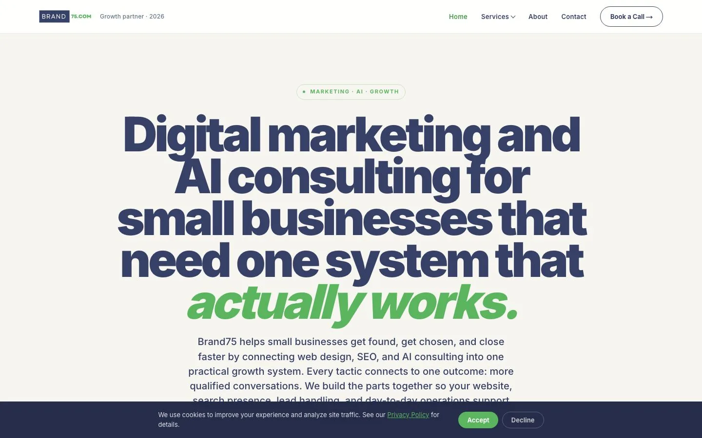 Digital marketing and AI consulting website for small businesses built by Brand75 Olympia Washington