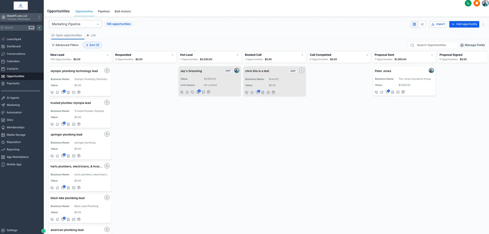 GoHighLevel sales pipeline with active opportunities showing lead stages for small business CRM setup by Brand75